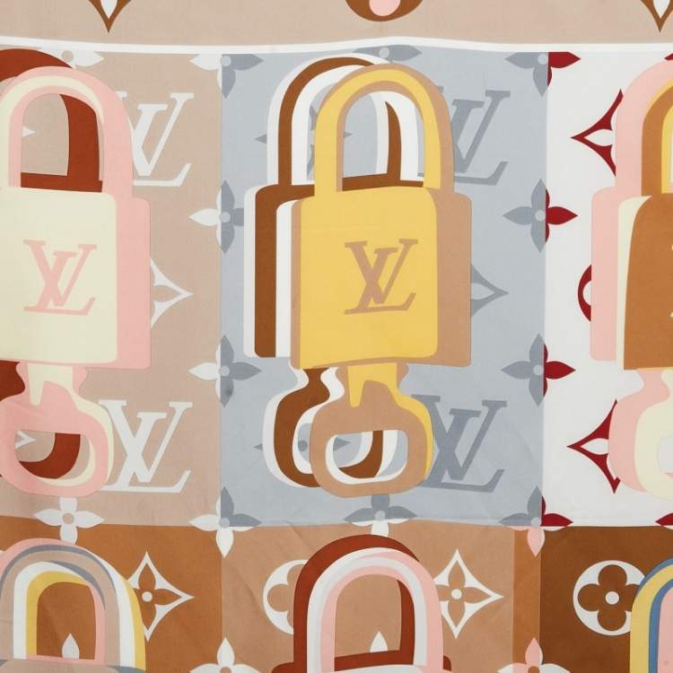 Pre Owned Louis Vuitton Beige Printed Silk LV Unlocked Square Scarf