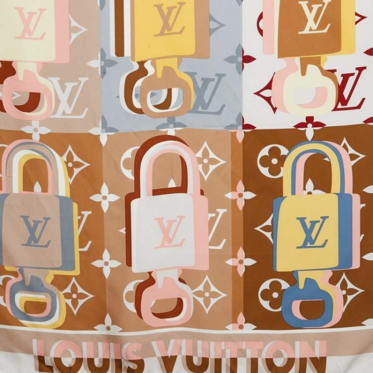 Pre Owned Louis Vuitton Beige Printed Silk LV Unlocked Square Scarf