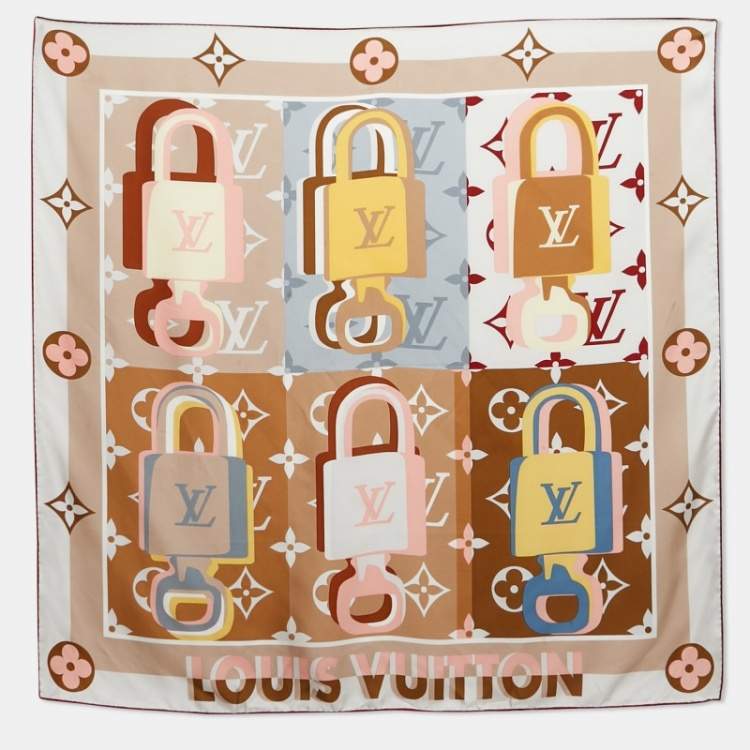 Pre Owned Louis Vuitton Beige Printed Silk LV Unlocked Square Scarf