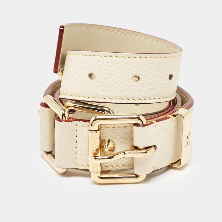 Pre Owned Louis Vuitton White Suhail Leather Studded Buckle Belt 80CM