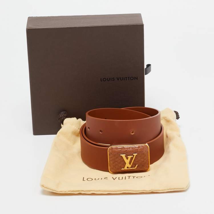 Pre Owned Louis Vuitton Brown Leather and Snakeskin Square Logo Buckle Belt 80CM