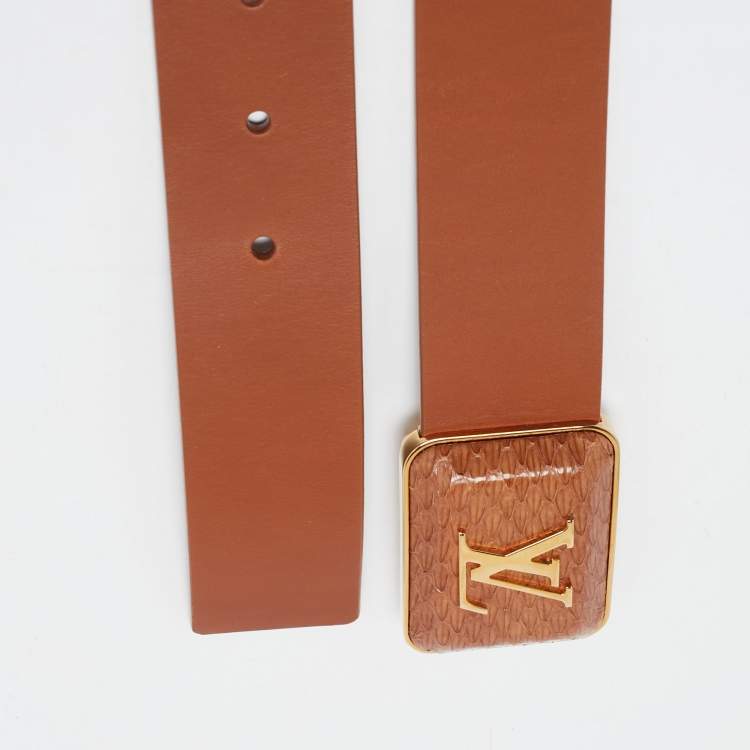 Pre Owned Louis Vuitton Brown Leather and Snakeskin Square Logo Buckle Belt 80CM
