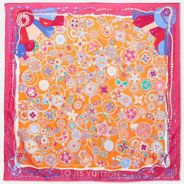 Pre Owned Louis Vuitton Orange/Pink Printed Silk Square Scarf 