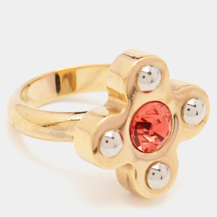 Pre Owned Louis Vuitton Crystals Gold Tone Ring Size 50
