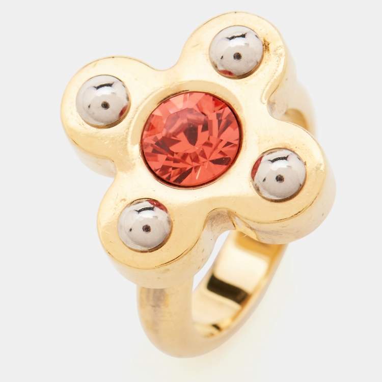 Pre Owned Louis Vuitton Crystals Gold Tone Ring Size 50