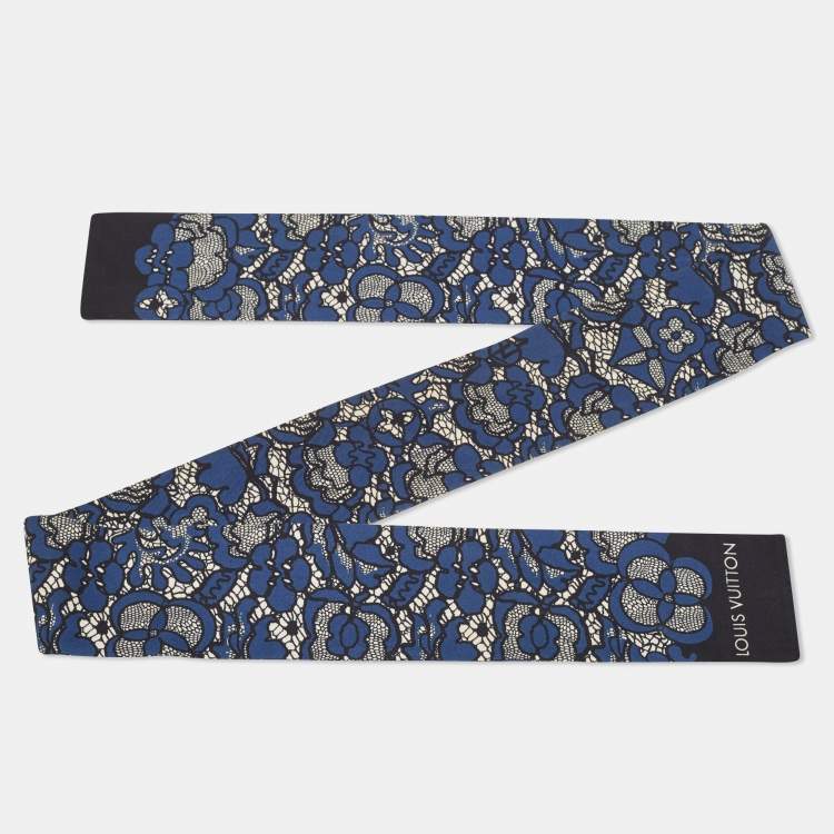 Pre Owned Louis Vuitton Navy Blue Floral Lace Print Silk Bandeau Scarf 