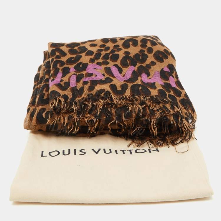 Pre Owned Louis Vuitton X Stephen Sprouse Brown Leopard Graffiti Print Cashmere & Silk Scarf