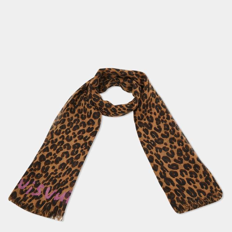 Pre Owned Louis Vuitton X Stephen Sprouse Brown Leopard Graffiti Print Cashmere & Silk Scarf