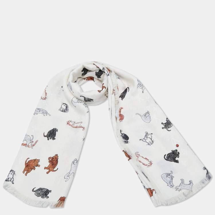 Pre Owned Louis Vuitton White Animal Print Silk and Wool Shawl 