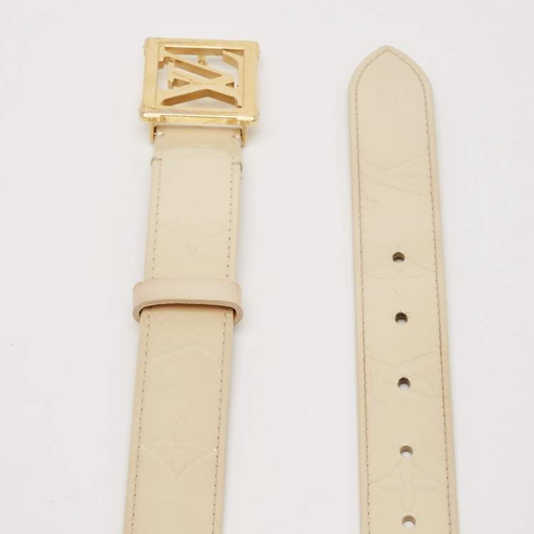 Pre Owned Louis Vuitton Blanc Corail Monogram Vernis LV Frame Belt 85CM