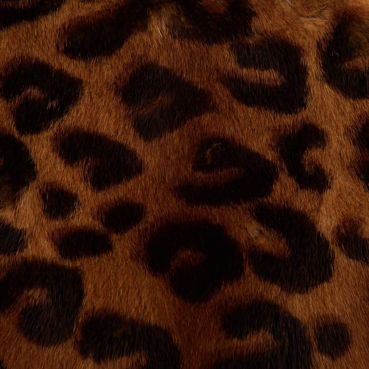 Pre Owned Louis Vuitton Brown Leopard Print Mink Fur Metal Logo Detail Stole 