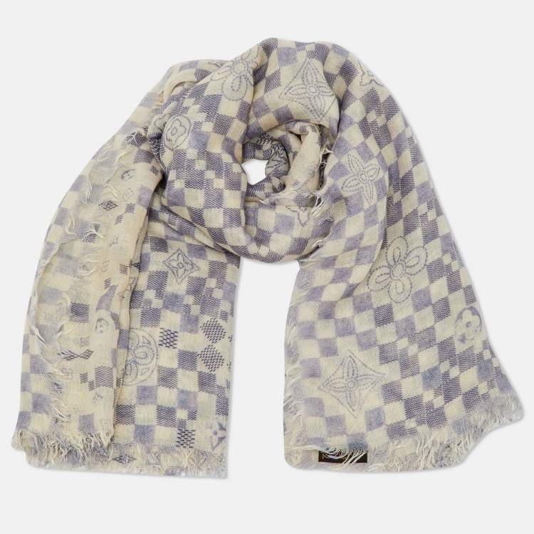 Pre Owned Louis Vuitton Cream & Blue Damien Printed Cashmere & Silk Shawl
