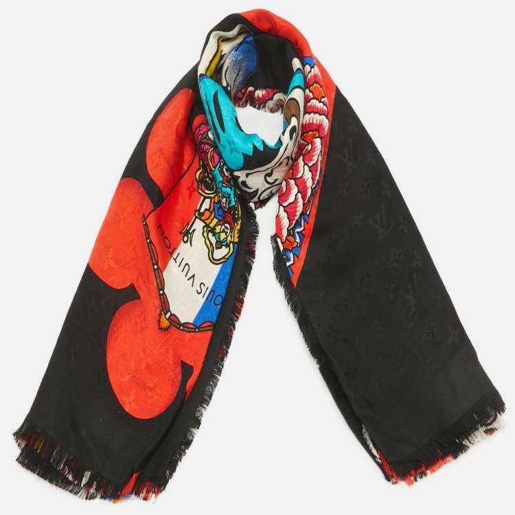 Pre Owned Louis Vuitton Black Kabugi Stickers Printed Silk & Wool Monogram Shawl