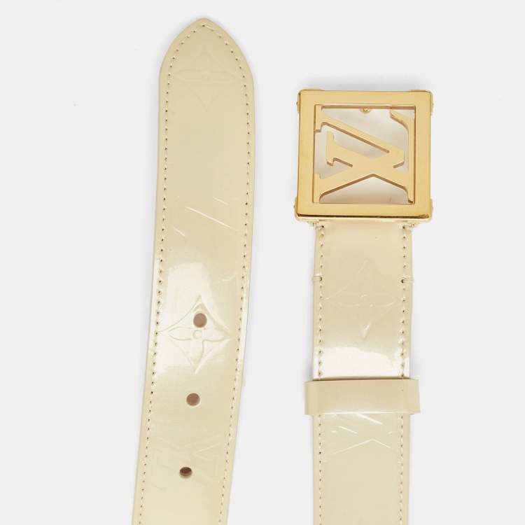 Pre Owned Louis Vuitton Blanc Corail Monogram Vernis LV Frame Belt 90 CM
