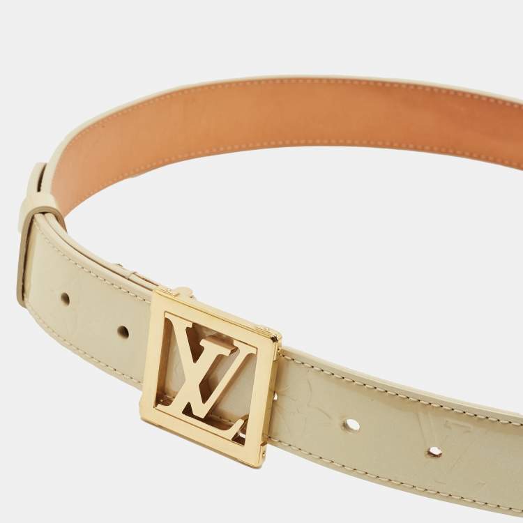 Pre Owned Louis Vuitton Blanc Corail Monogram Vernis LV Frame Belt 90 CM