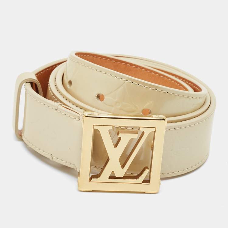Pre Owned Louis Vuitton Blanc Corail Monogram Vernis LV Frame Belt 90 CM