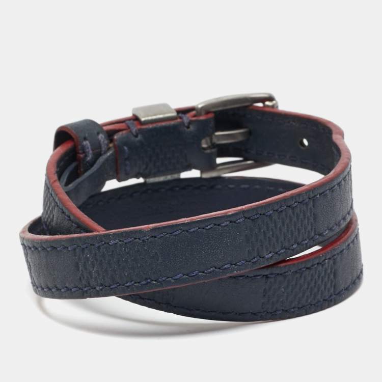 Pre Owned Louis Vuitton Damier Leather Silver Tone Double Tour Bracelet 19