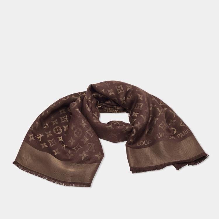Pre Owned Louis Vuitton Brown Silk Blend  Monogram Shine Scarf 
