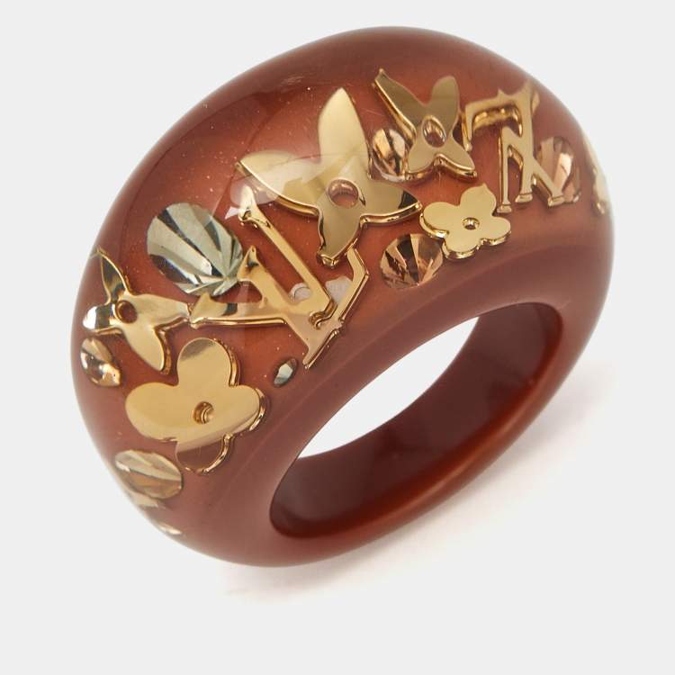 Pre Owned Louis Vuitton Monogram Inclusions Crystal Resin Gold Tone Ring Size 54
