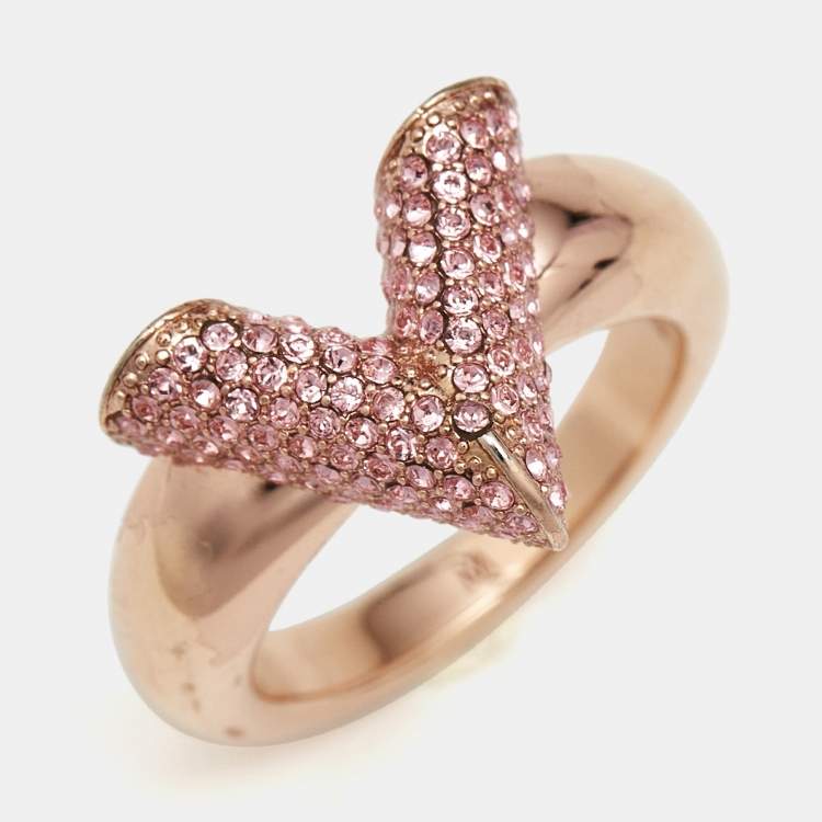 Pre Owned Louis Vuitton Essential V Crystals Rose GOld Tone Ring Size 53