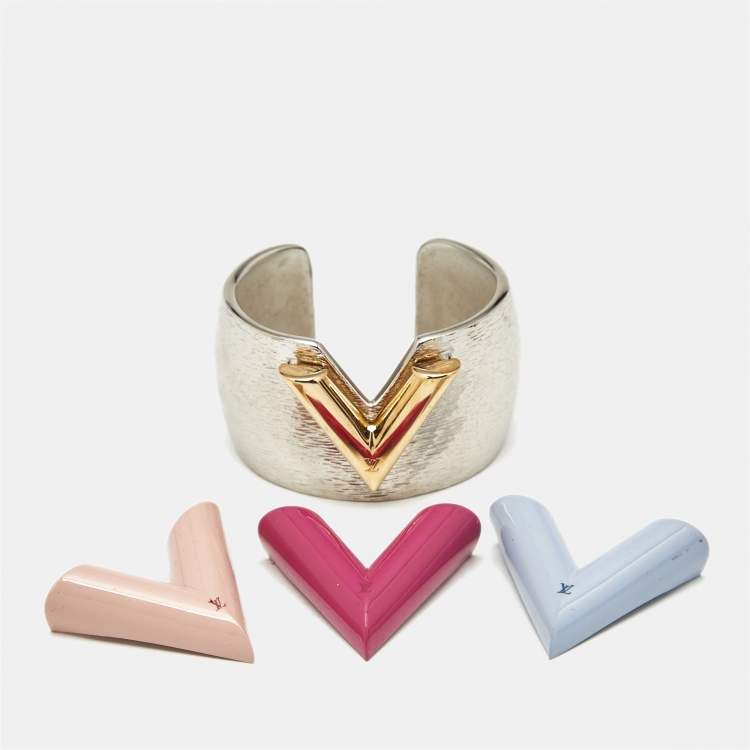 Pre Owned Louis Vuitton Textured Essential V Colorama Two Tone Open Cuff Bracelet S