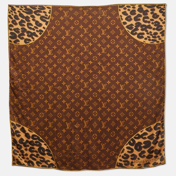 Pre Owned Louis Vuitton Brown Leopard Monogram Print Silk Scarf