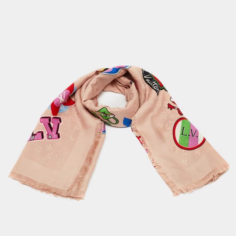 Pre Owned Louis Vuitton Pink Printed Wool Blend Monogram Scarf 