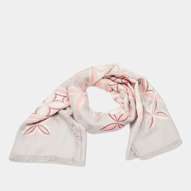 Pre Owned Louis Vuitton Lavender Floral Print Silk & Wool Monogram Scarf 