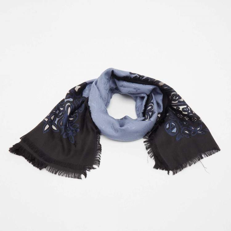 Pre Owned Louis Vuitton Blue Printed Silk Blend Monogram Scarf