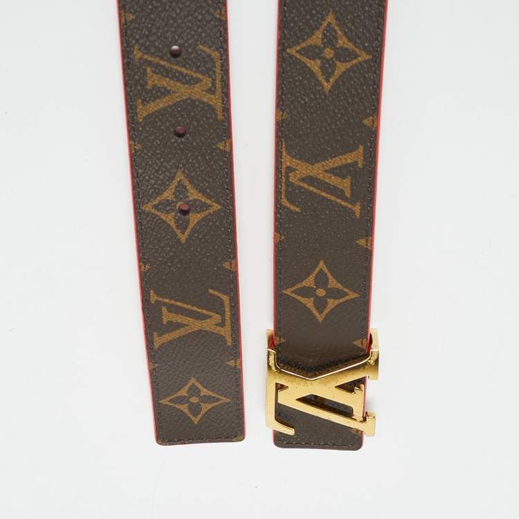 Pre Owned Louis Vuitton Red Leather and Monogram Canvas LV Initiales Reversible Belt 80 CM