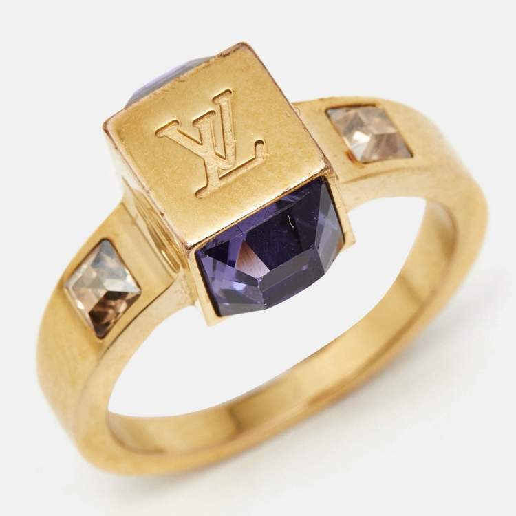 Pre Owned Louis Vuitton Gamble Crystal Gold Tone Ring Size EU 53