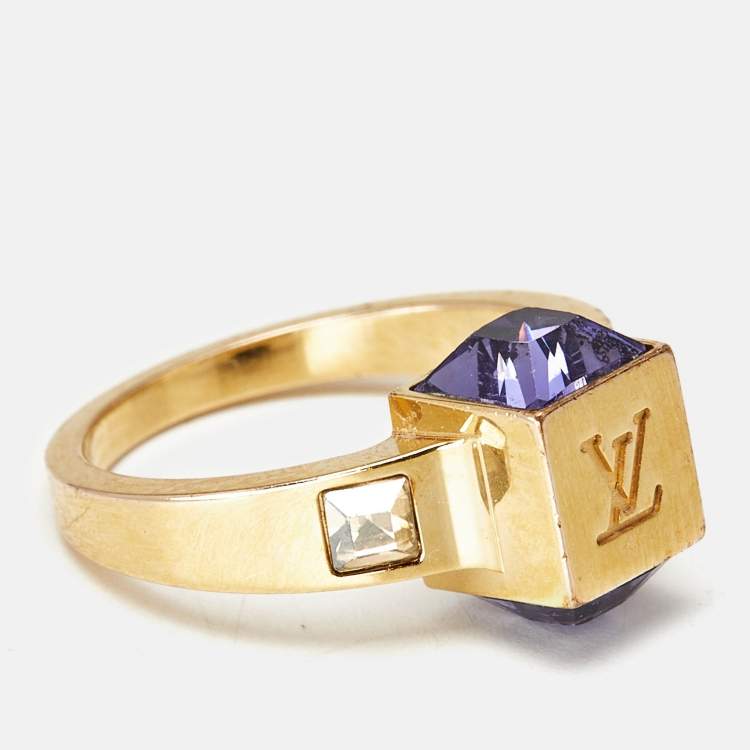 Pre Owned Louis Vuitton Gamble Crystal Gold Tone Ring Size EU 53