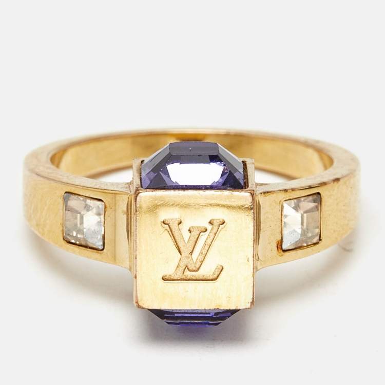 Pre Owned Louis Vuitton Gamble Crystal Gold Tone Ring Size EU 53