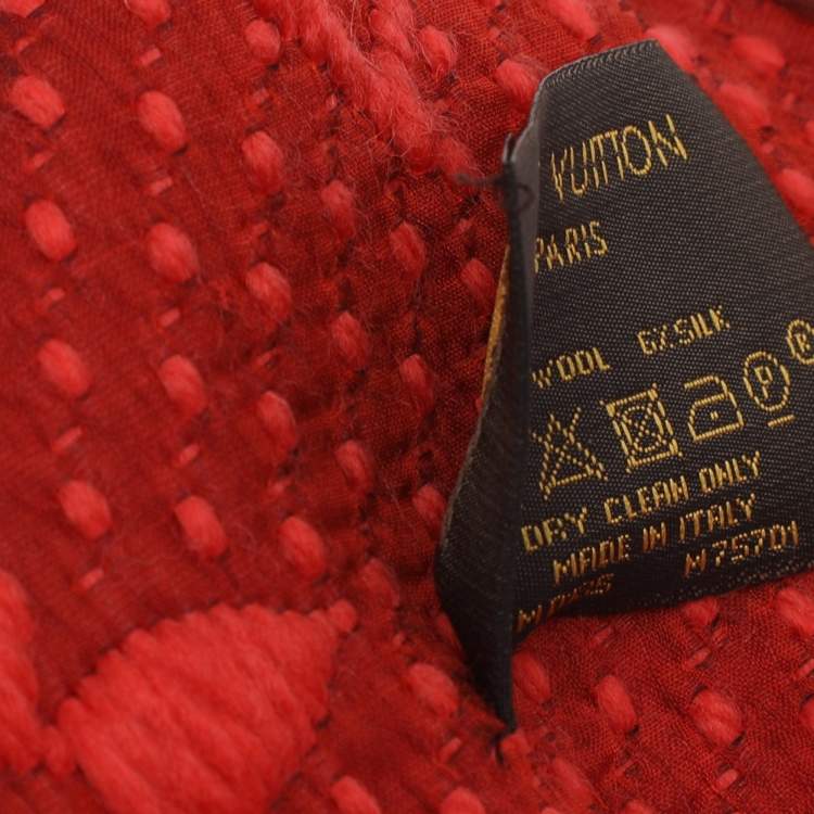 Pre Owned Louis Vuitton Red Wool & Silk Jacquard Logomania Scarf