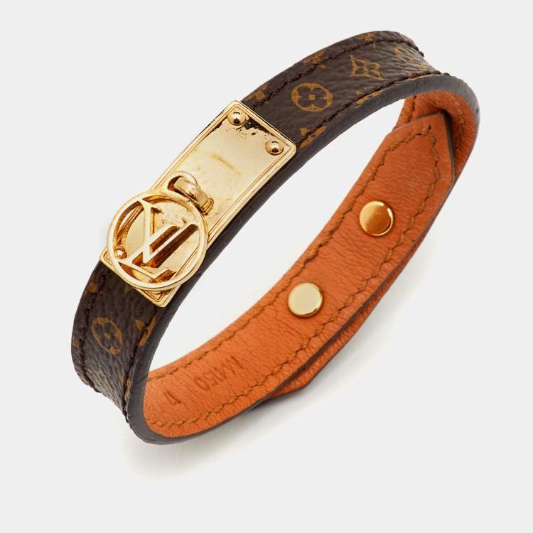 Pre Owned Louis Vuitton Logomania Brown Monogram Canvas Gold Tone Bracelet 17