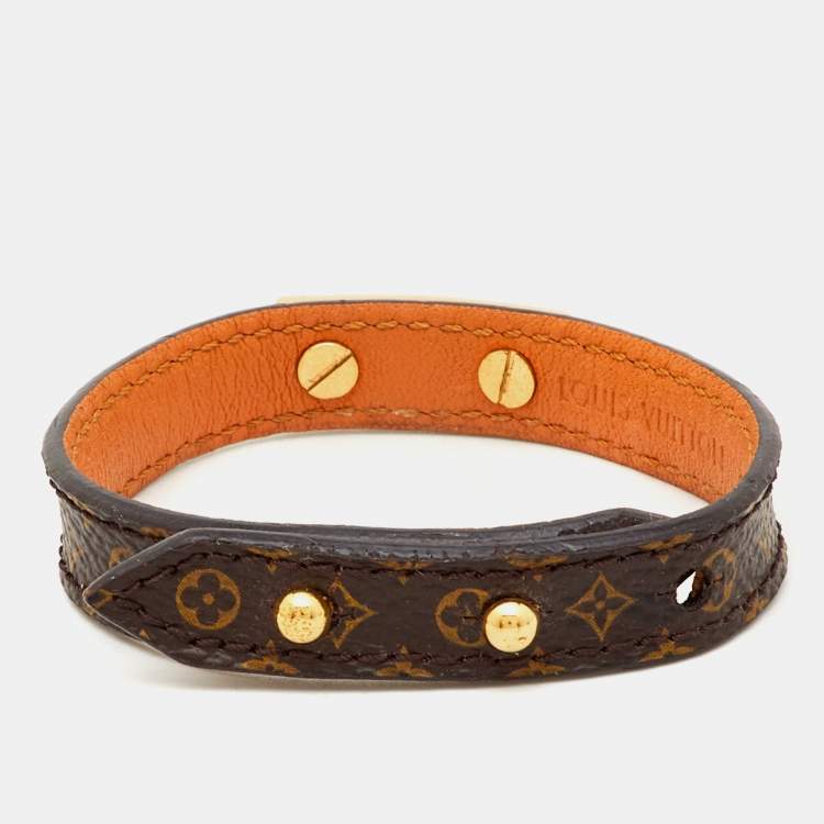 Pre Owned Louis Vuitton Logomania Brown Monogram Canvas Gold Tone Bracelet 17