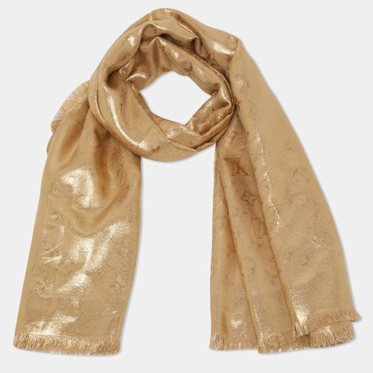 Pre Owned Louis Vuitton Gold Metallic Monogram Wool & Silk Shawl