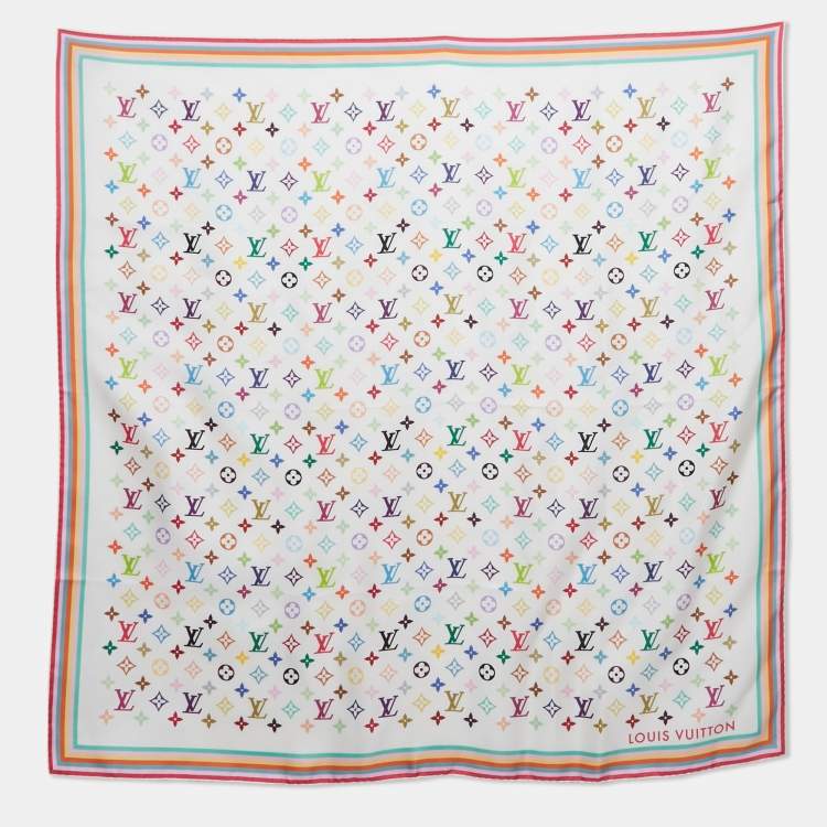 Pre Owned Louis Vuitton x Takashi Murakami White Monogram Silk Scarf 