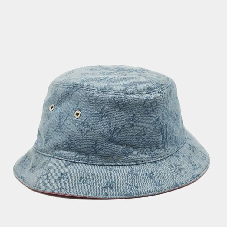 Pre Owned Louis Vuitton Blue/Pink Monogram Cotton Bucket Hat Size 58