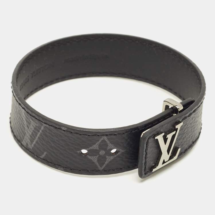 Pre Owned Louis Vuitton LV Slim Black Monogram Canvas Silver Tone Bracelet