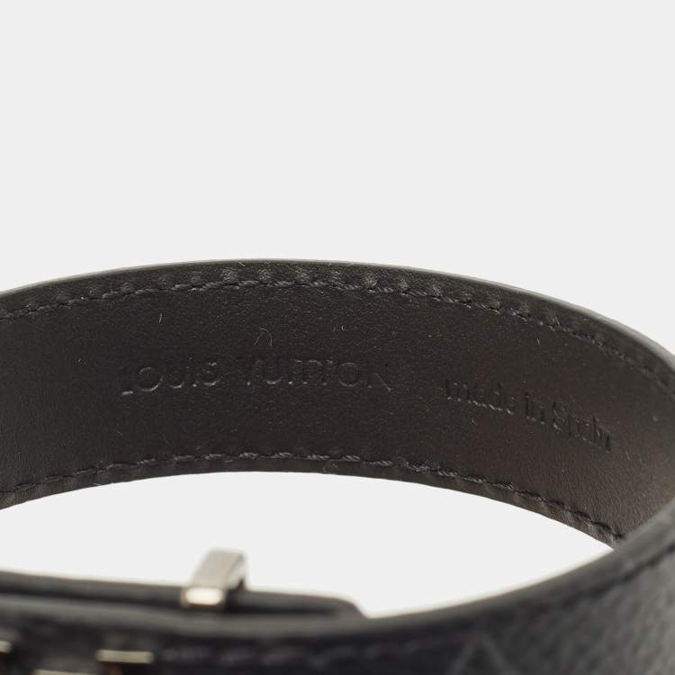 Pre Owned Louis Vuitton LV Slim Black Monogram Canvas Silver Tone Bracelet