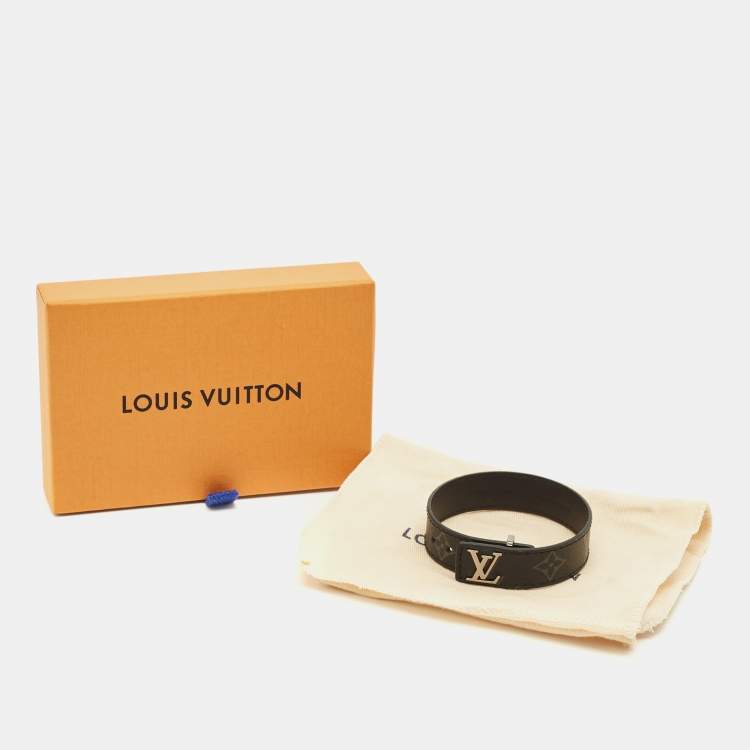 Pre Owned Louis Vuitton LV Slim Black Monogram Canvas Silver Tone Bracelet