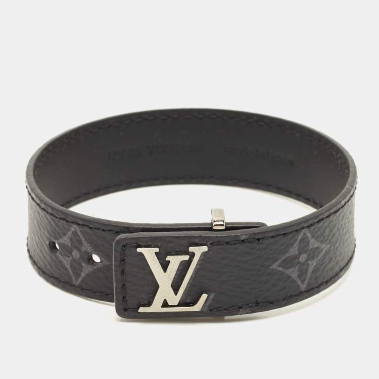 Pre Owned Louis Vuitton LV Slim Black Monogram Canvas Silver Tone Bracelet