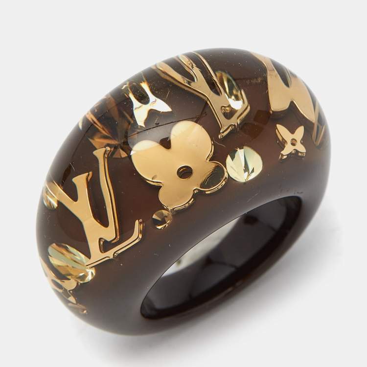 Pre Owned Louis Vuitton Inclusions Resin Crystals Gold Tone Ring Size 53