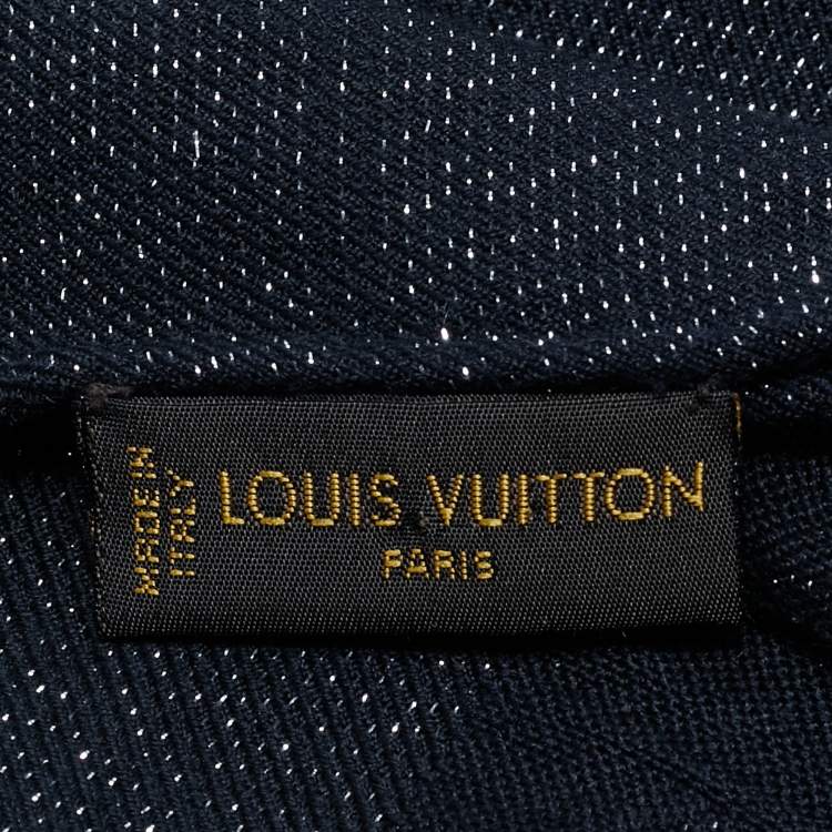 Pre Owned Louis Vuitton Navy Blue/Silver Lurex Monogram Silk Scarf 