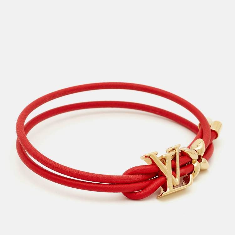 Pre Owned Louis Vuitton LV Bloom Gold Tone Red Leather Bracelet