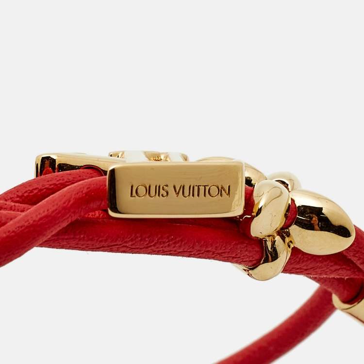Pre Owned Louis Vuitton LV Bloom Gold Tone Red Leather Bracelet