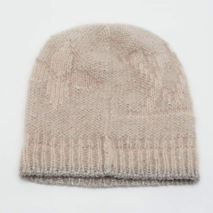 Pre Owned Louis Vuitton Champagne Pink Monogram Lurex Mohair Wool Beanie & Scarf