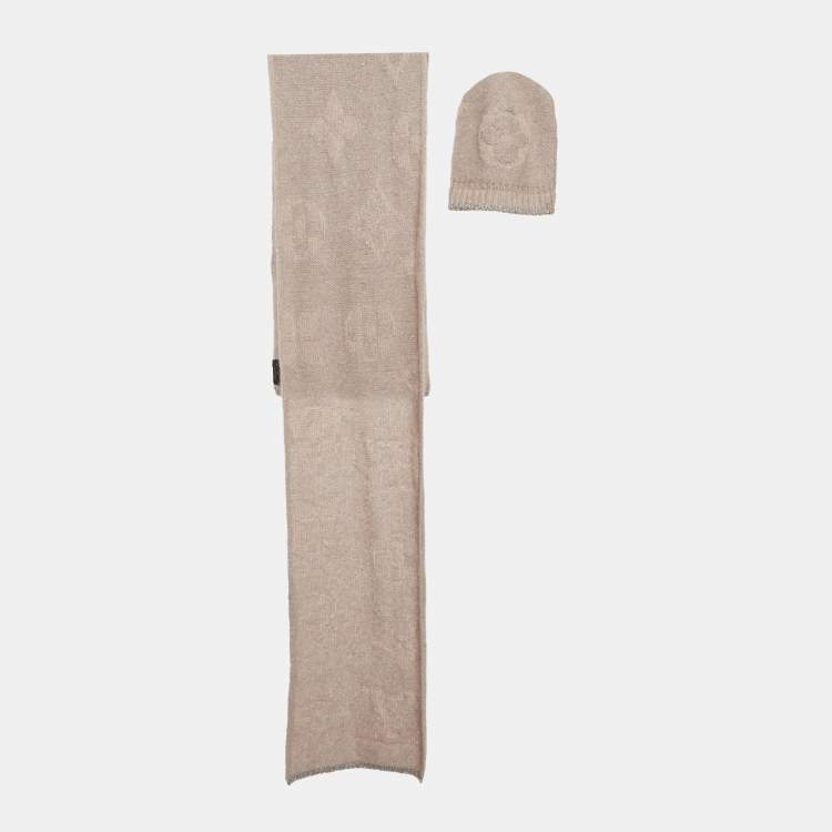 Pre Owned Louis Vuitton Champagne Pink Monogram Lurex Mohair Wool Beanie & Scarf