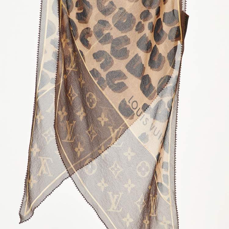 Pre Owned Louis Vuitton Brown Monogram and Leopard Print Silk Chiffon Bandeau Scarf